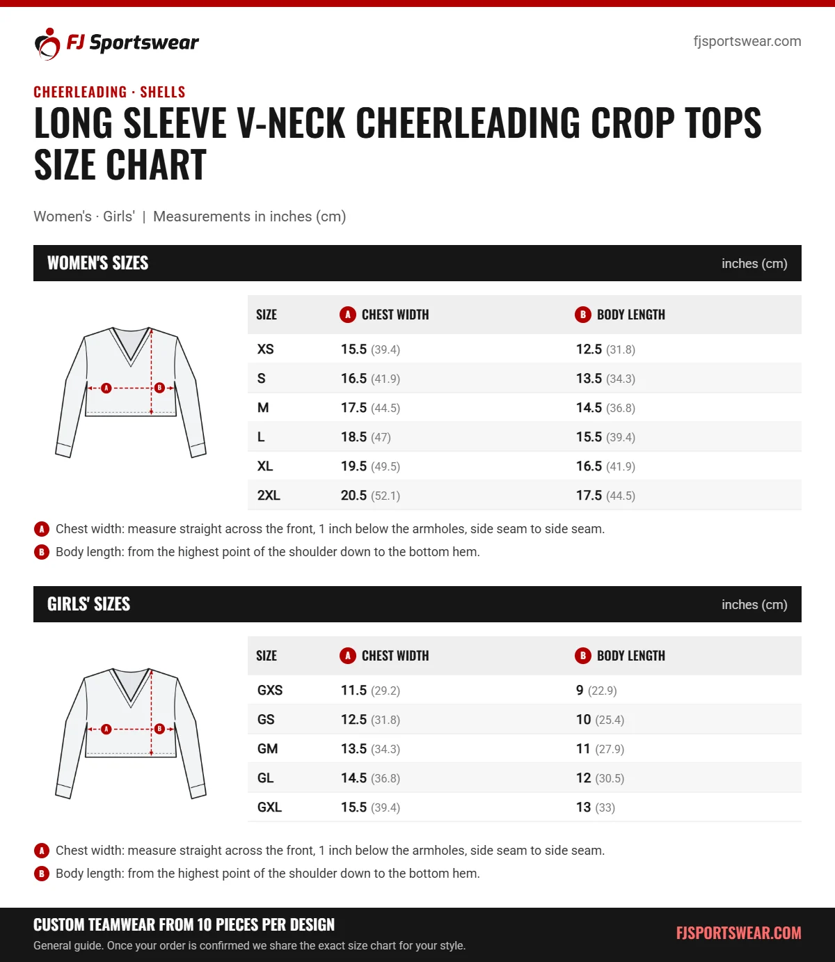 Long Sleeve V-Neck Cheerleading Crop Tops Size Chart Long Sleeve V-Neck Cheerleading Crop Tops size chart: women’s and girls’ sizes with chest width and body length in inches and cm