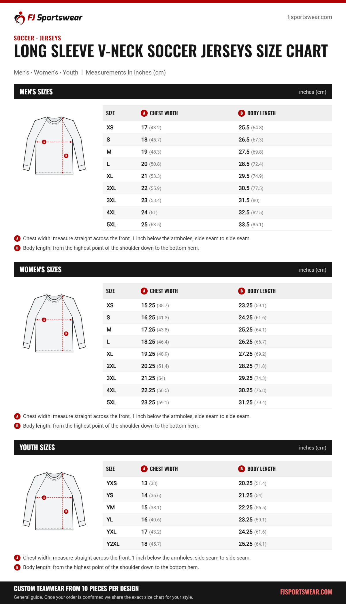 Long Sleeve V-Neck Soccer Jerseys size chart: men’s, women’s and youth sizes with chest width and body length in inches and cm