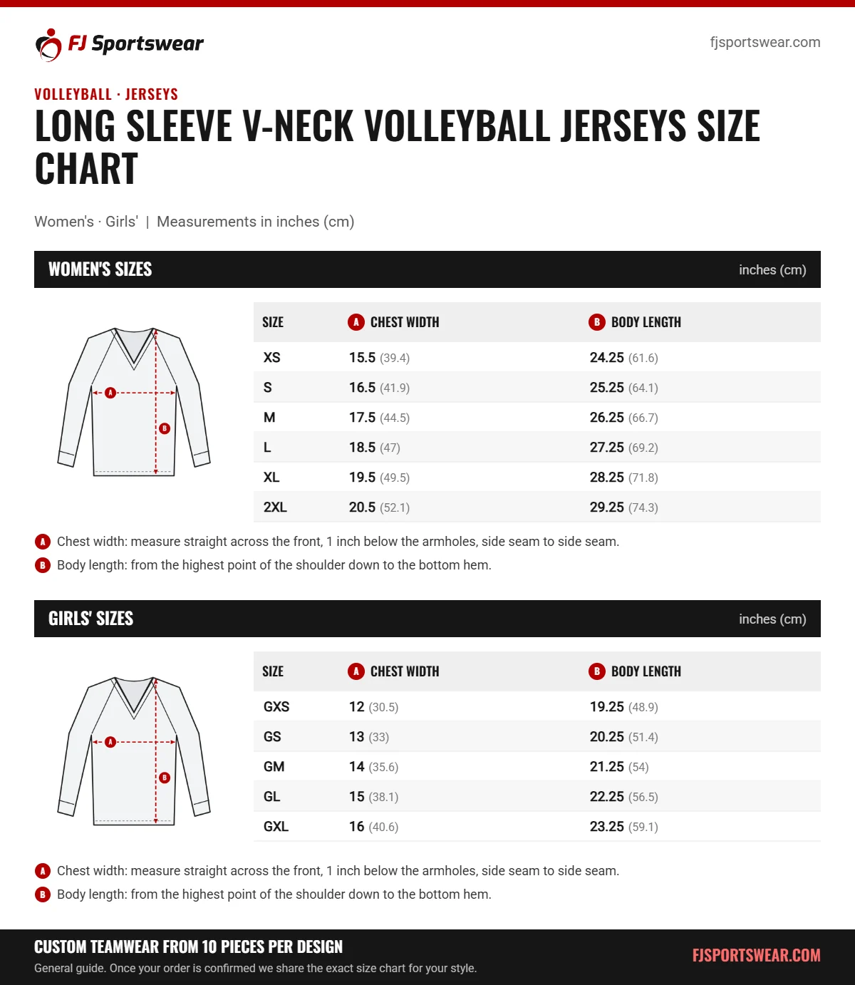 Long Sleeve V-Neck Volleyball Jerseys Size Chart Long Sleeve V-Neck Volleyball Jerseys size chart: women’s and girls’ sizes with chest width and body length in inches and cm