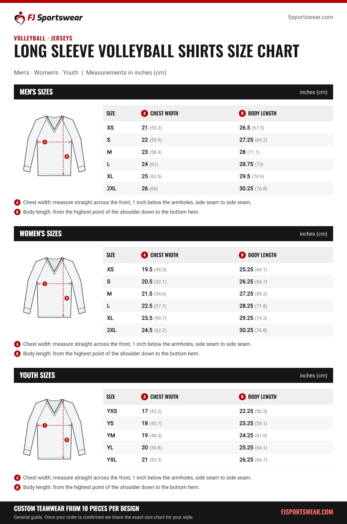 Long Sleeve Volleyball Shirts Size Chart Long Sleeve Volleyball Shirts size chart: men’s, women’s and youth sizes with chest width and body length in inches and cm