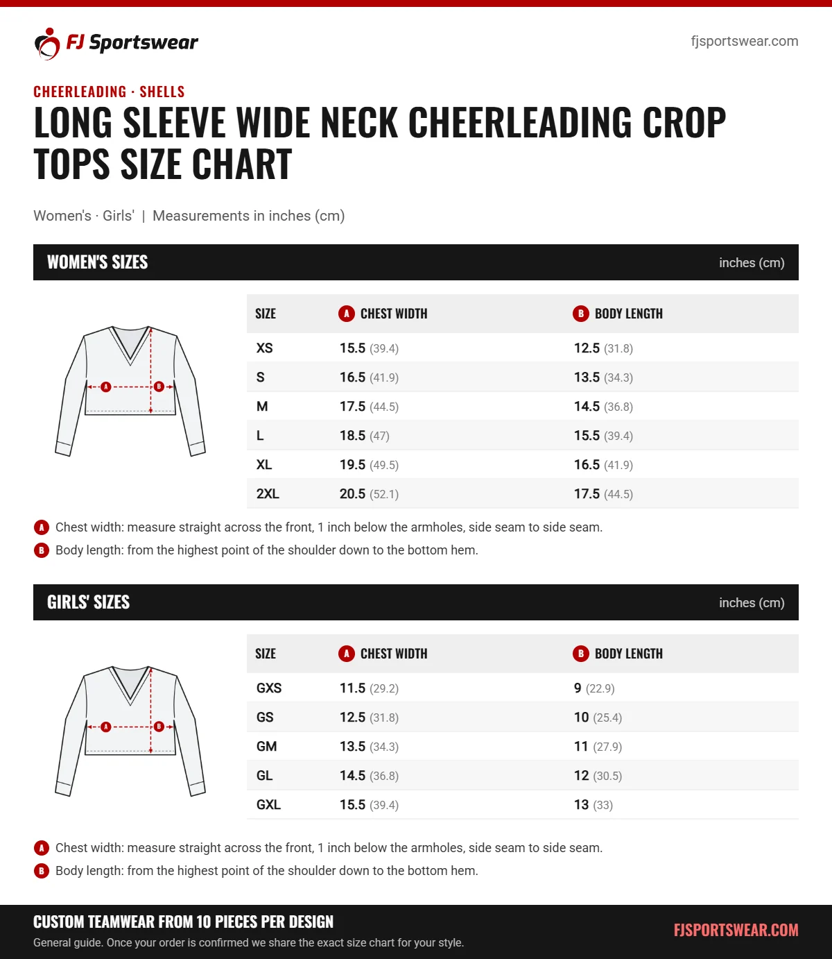 Long Sleeve Wide Neck Cheerleading Crop Tops Size Chart Long Sleeve Wide Neck Cheerleading Crop Tops size chart: women’s and girls’ sizes with chest width and body length in inches and cm