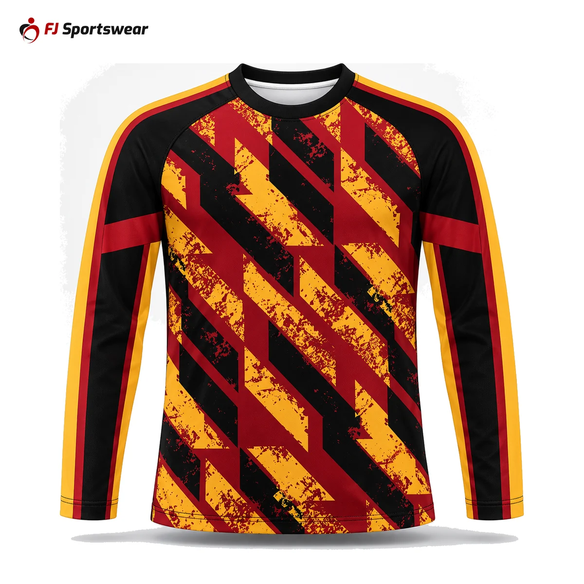 Maroon and gold long raglan sleeve crew neck soccer jersey – custom made by FJ Sportswear in Sialkot