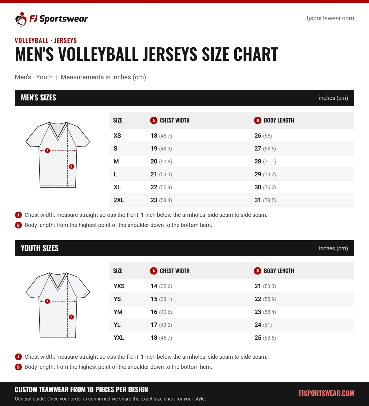 Men’s Volleyball Jerseys size chart: men’s and youth sizes with chest width and body length in inches and cm
