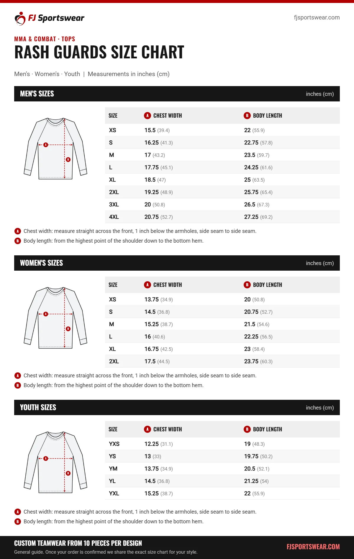 Rash Guards size chart: men’s, women’s and youth sizes with chest width and body length in inches and cm