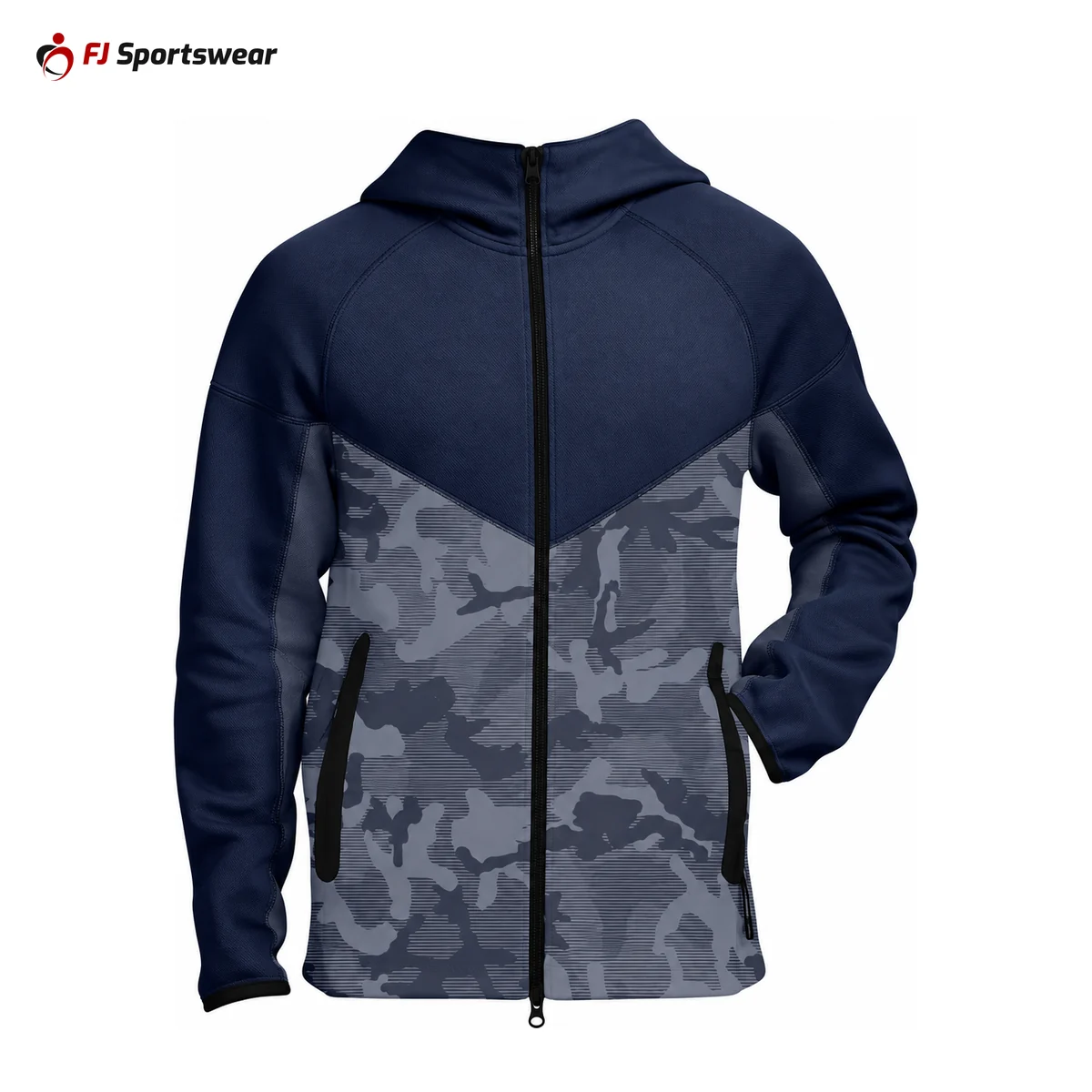 Navy and grey camo pro hoodie – custom made by FJ Sportswear in Sialkot