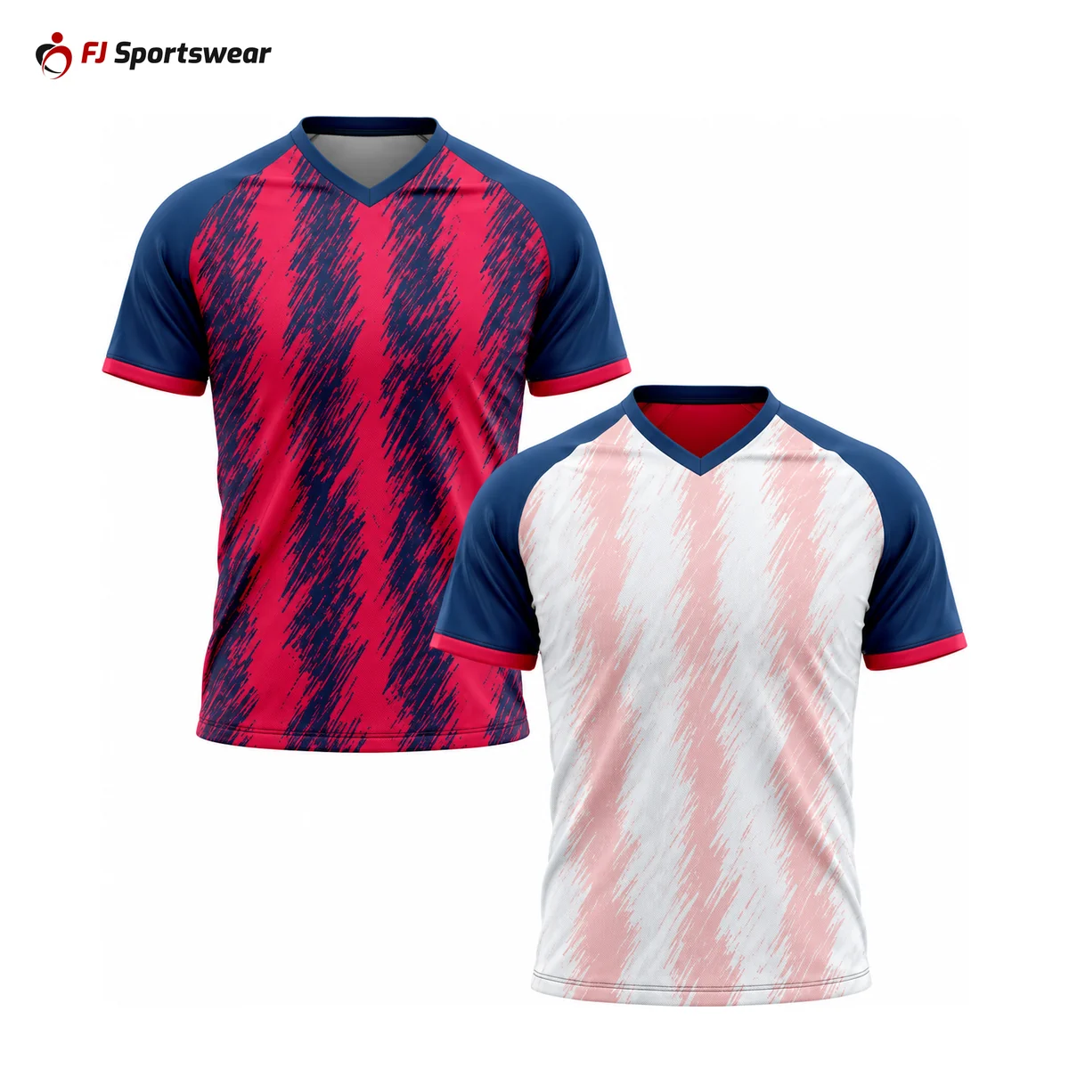 Navy, red and white reversible single-ply V-neck soccer jerseys – custom made by FJ Sportswear in Sialkot