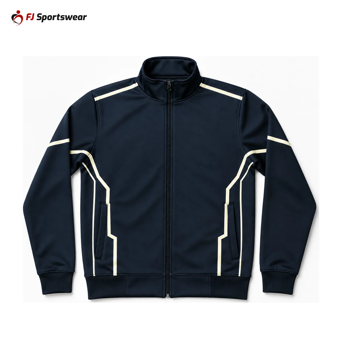 Navy soccer track jacket with cream piping – custom made by FJ Sportswear in Sialkot