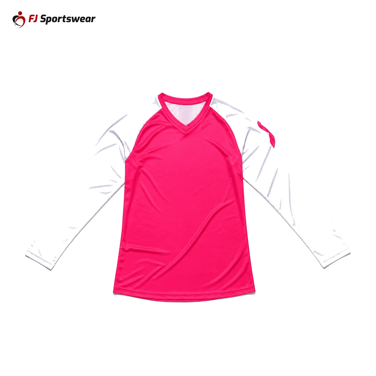 Pink and white long raglan sleeve V-neck soccer jersey – custom made by FJ Sportswear in Sialkot