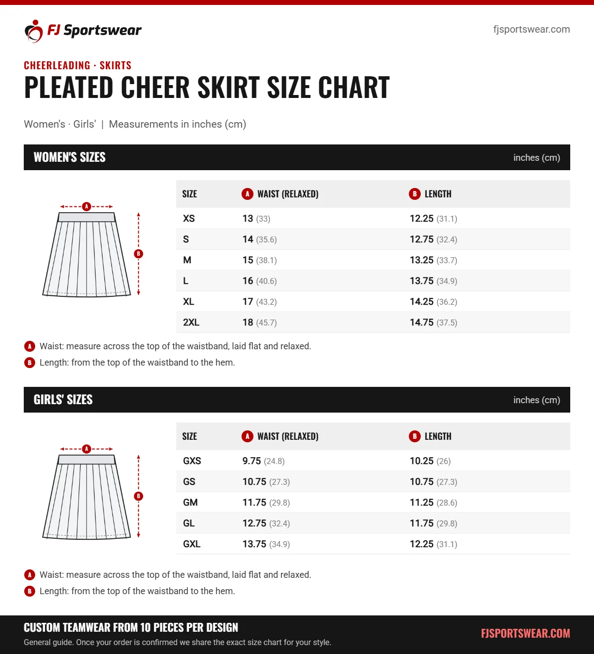 Pleated Cheer Skirt Size Chart Pleated Cheer Skirt size chart: women’s and girls’ sizes with waist (relaxed) and length in inches and cm
