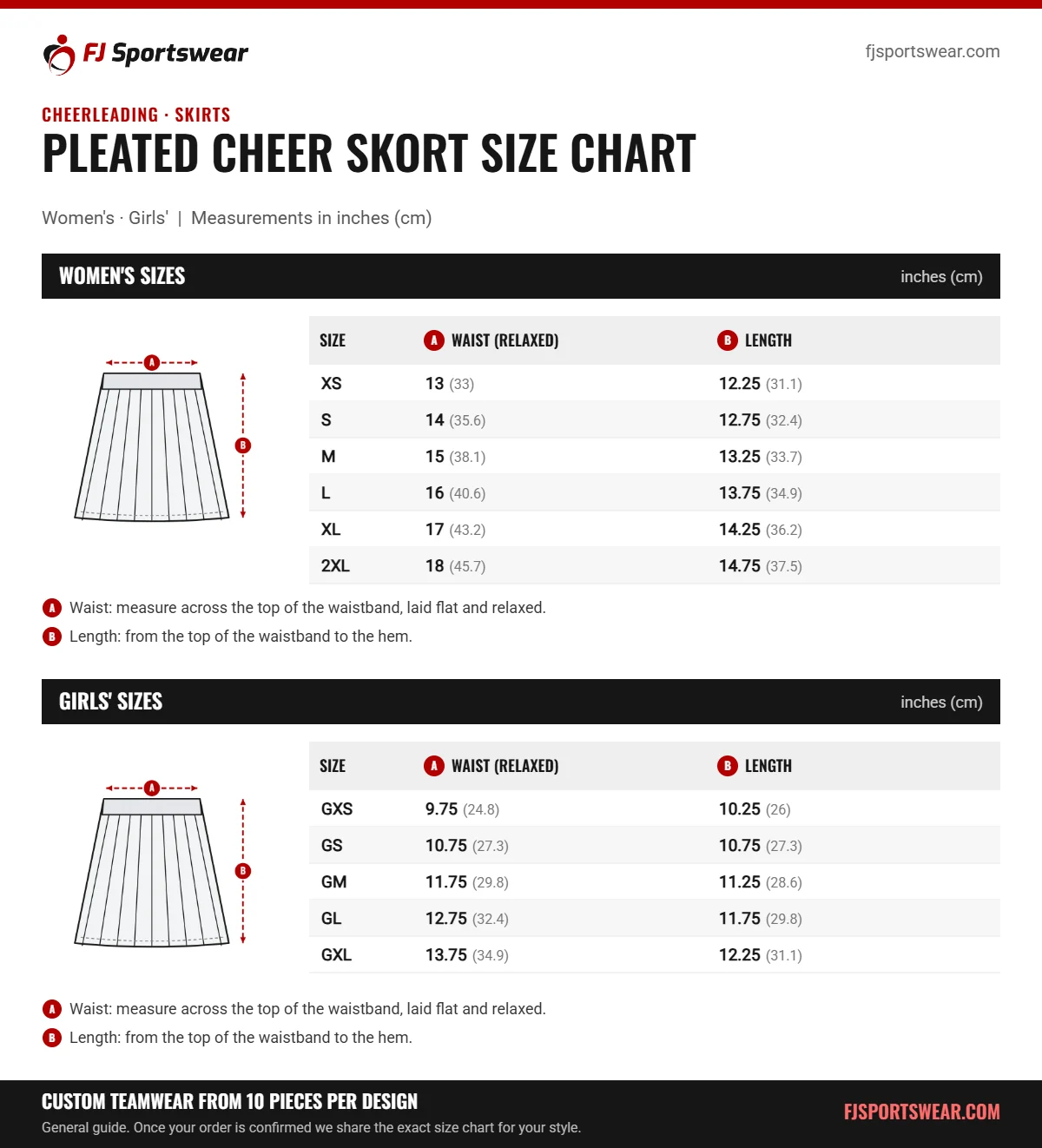 Pleated Cheer Skort Size Chart Pleated Cheer Skort size chart: women’s and girls’ sizes with waist (relaxed) and length in inches and cm