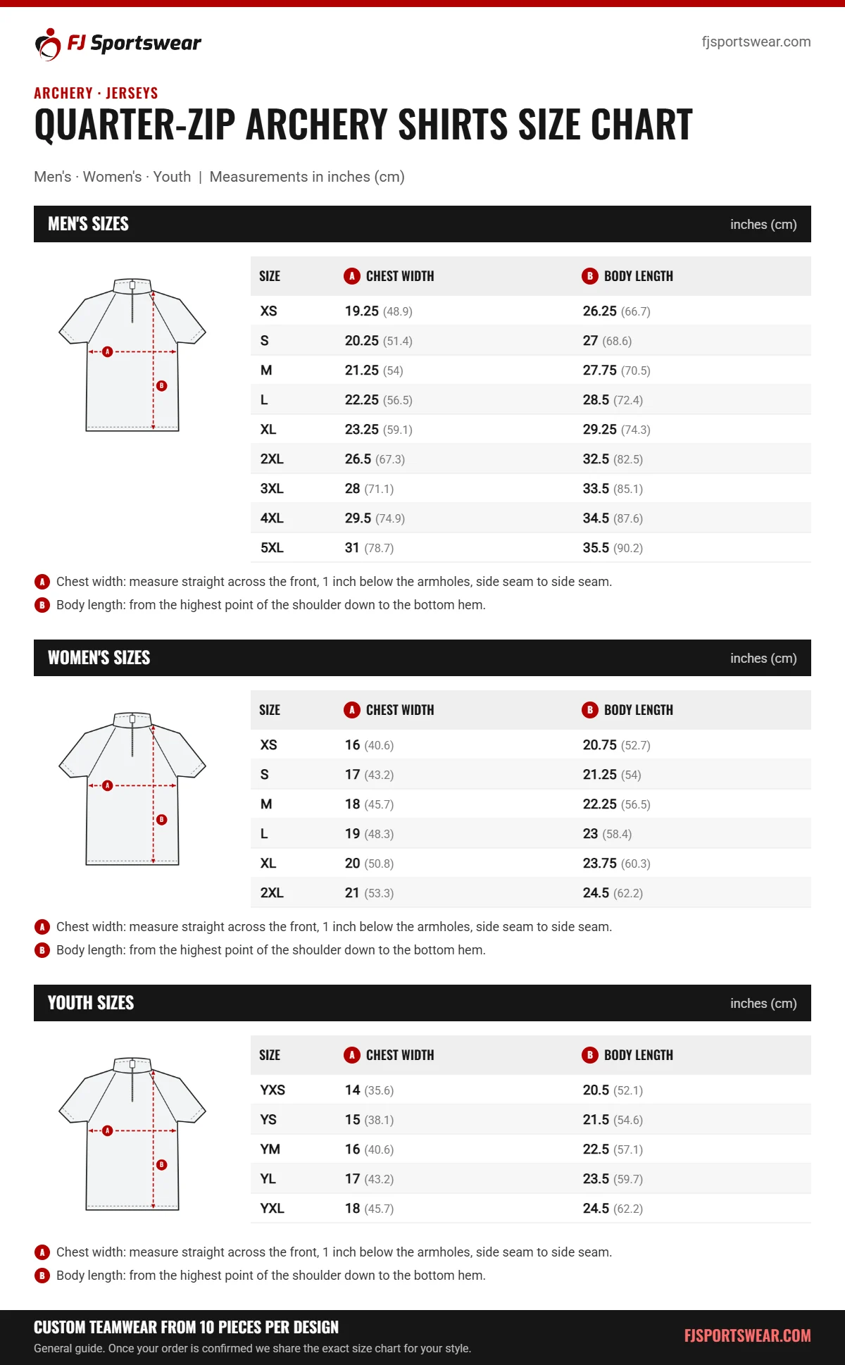 Quarter-Zip Archery Shirts Size Chart Quarter-Zip Archery Shirts size chart: men’s, women’s and youth sizes with chest width and body length in inches and cm