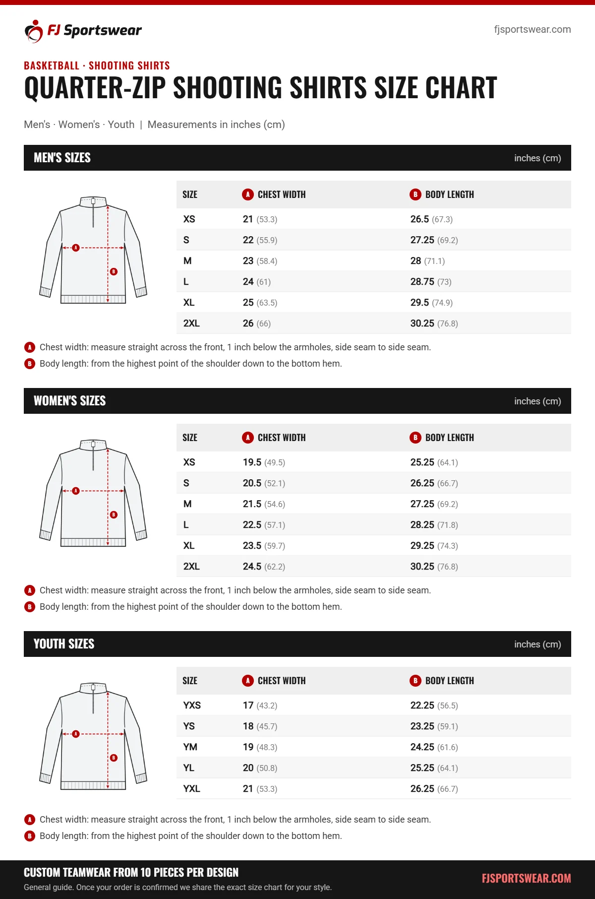 Quarter-Zip Shooting Shirts size chart: men’s, women’s and youth sizes with chest width and body length in inches and cm