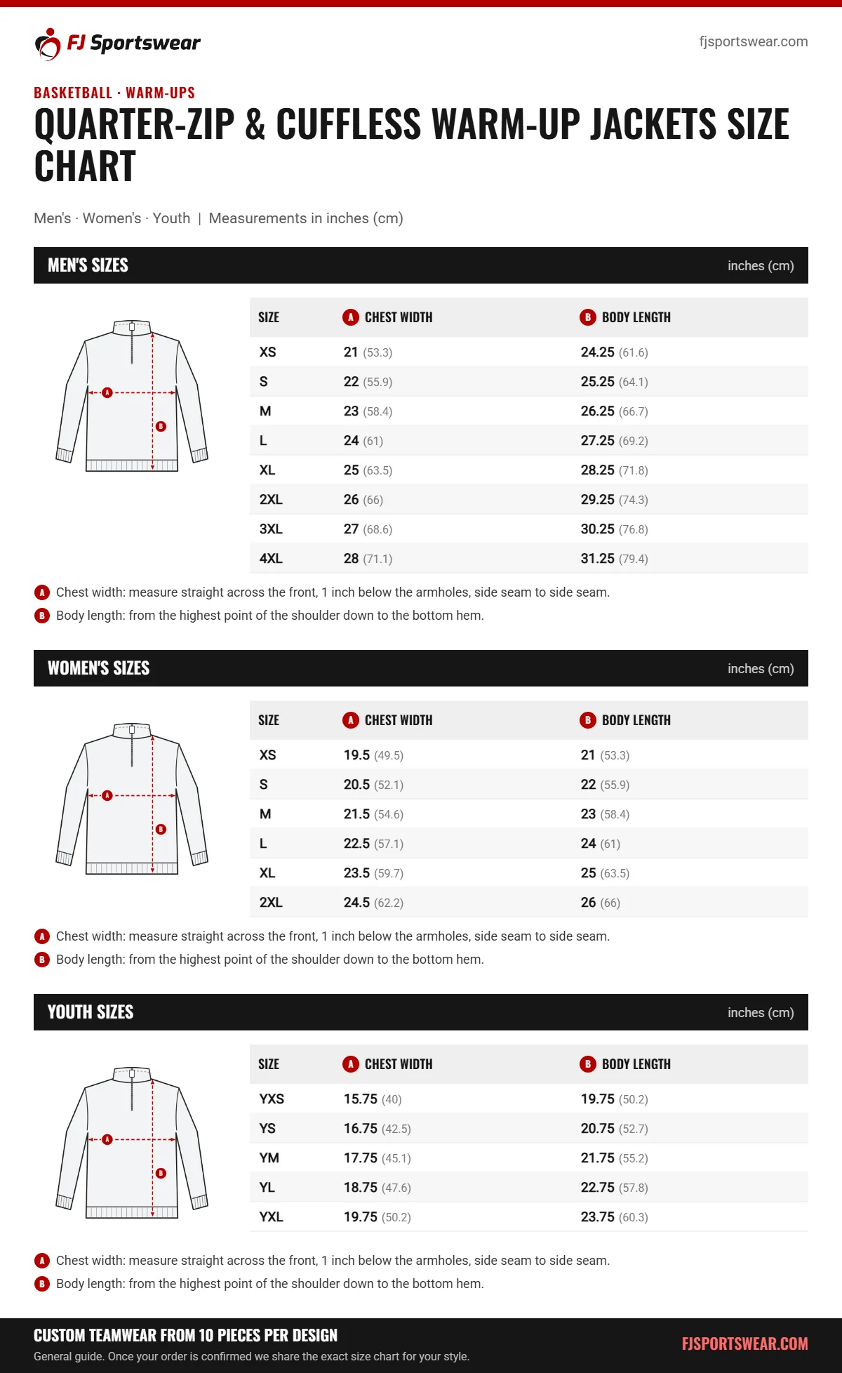 Quarter-Zip & Cuffless Warm-Up Jackets Size Chart Quarter-Zip & Cuffless Warm-Up Jackets size chart: men’s, women’s and youth sizes with chest width and body length in inches and cm