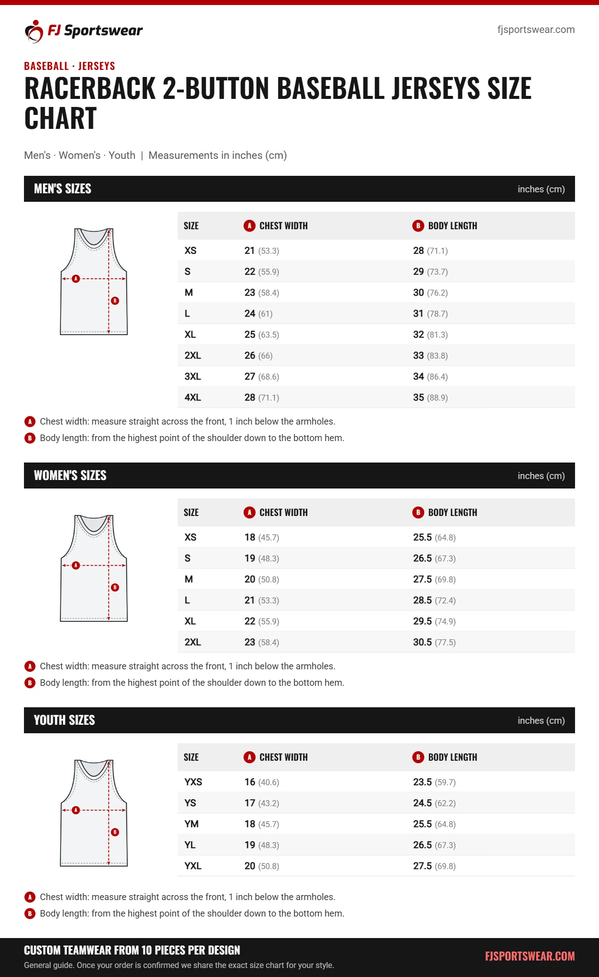 Racerback 2-Button Baseball Jerseys size chart: men’s, women’s and youth sizes with chest width and body length in inches and cm