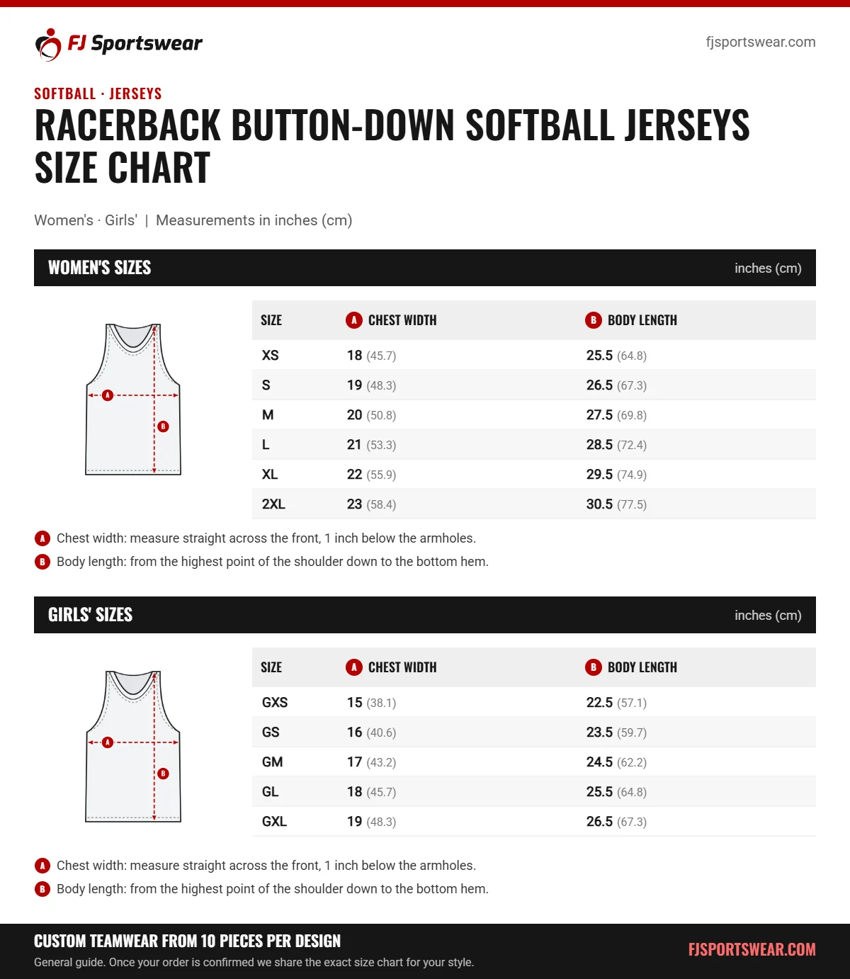 Racerback Button-Down Softball Jerseys size chart: women’s and girls’ sizes with chest width and body length in inches and cm
