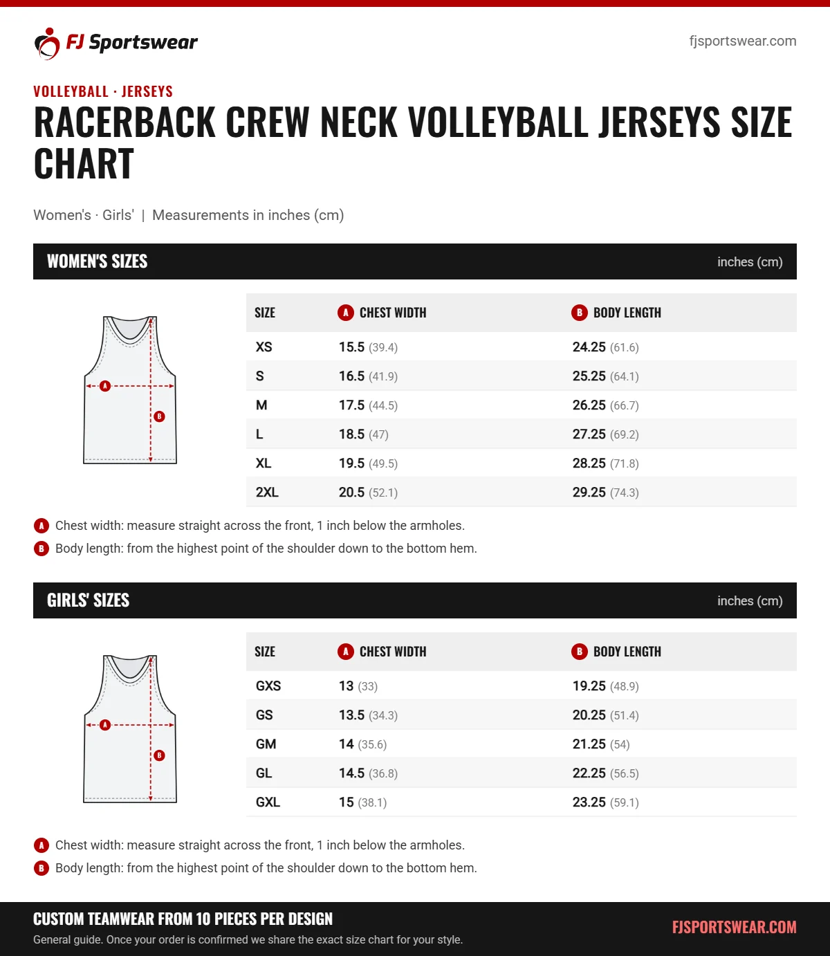 Racerback Crew Neck Volleyball Jerseys size chart: women’s and girls’ sizes with chest width and body length in inches and cm