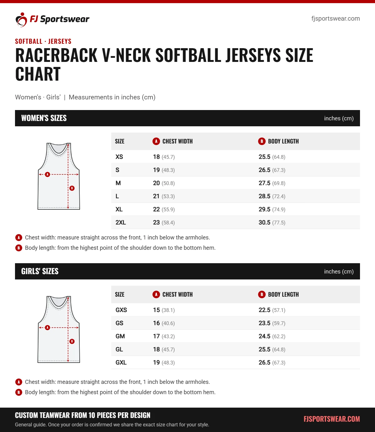 Racerback V-Neck Softball Jerseys size chart: women’s and girls’ sizes with chest width and body length in inches and cm