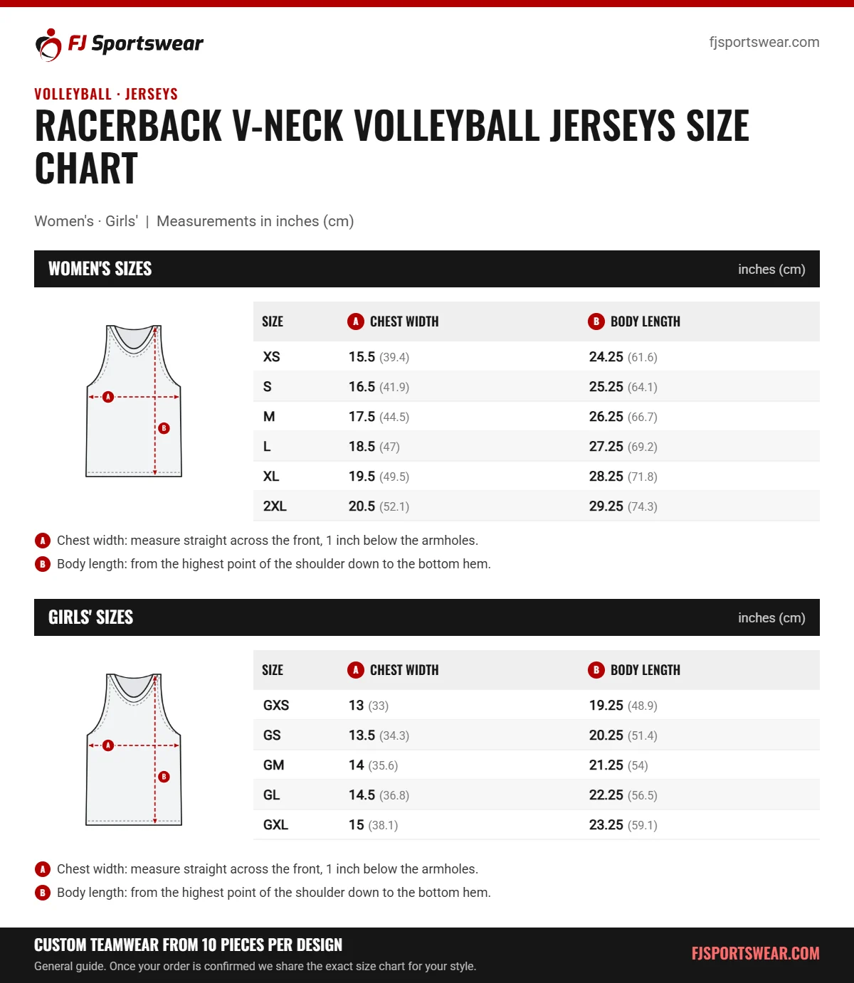 Racerback V-Neck Volleyball Jerseys size chart: women’s and girls’ sizes with chest width and body length in inches and cm