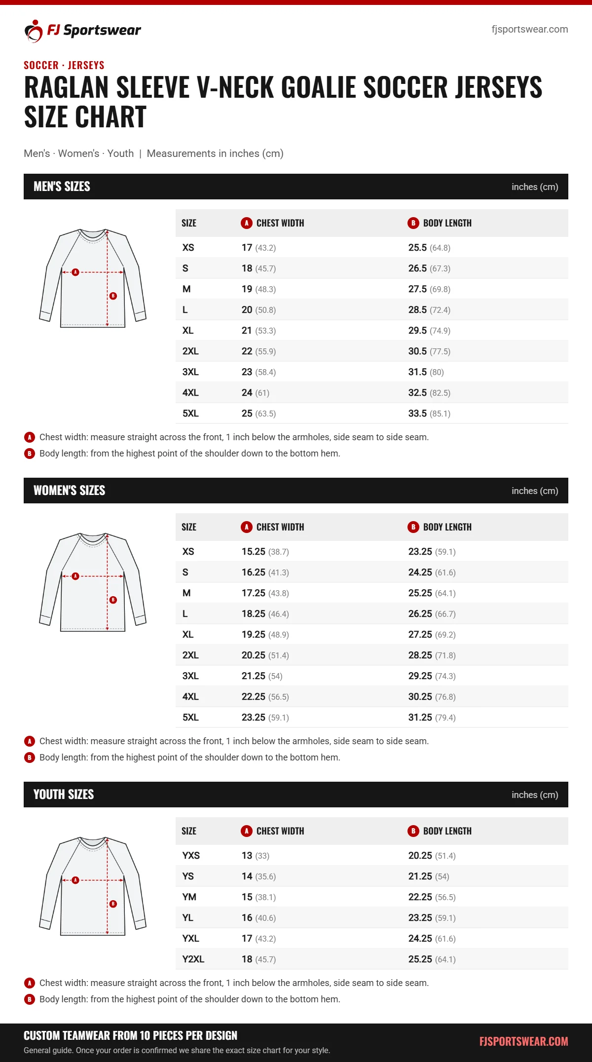 Raglan Sleeve V-Neck Goalie Soccer Jerseys size chart: men’s, women’s and youth sizes with chest width and body length in inches and cm