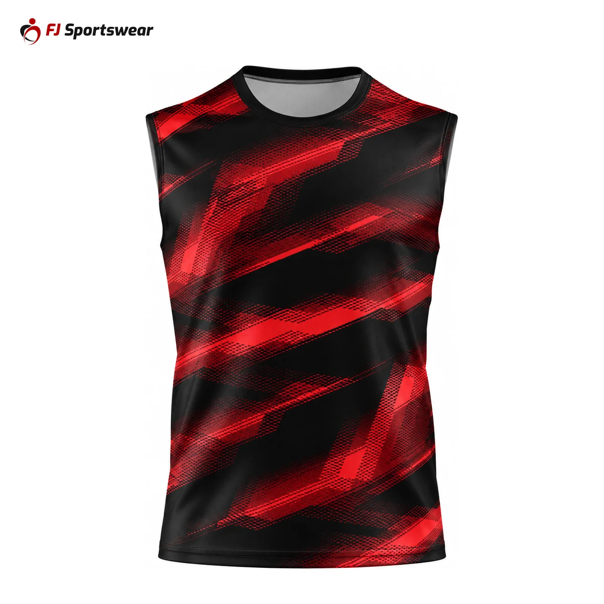 Red and black baseball sleeveless T-shirt – custom made by FJ Sportswear in Sialkot