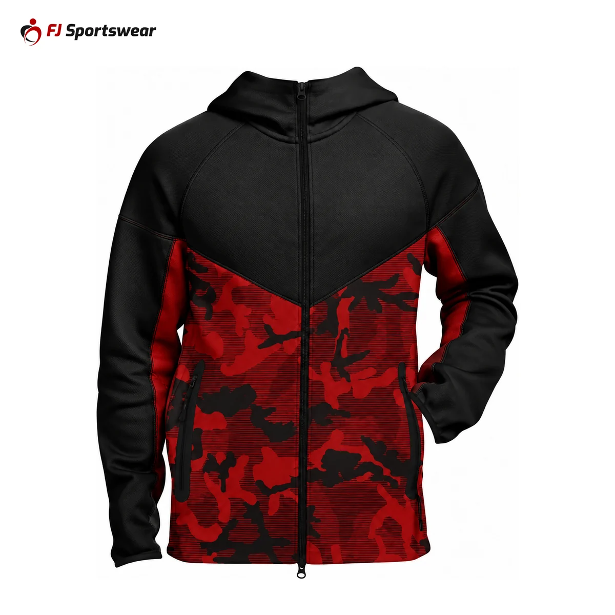 Red and black camo pro hoodie – custom made by FJ Sportswear in Sialkot