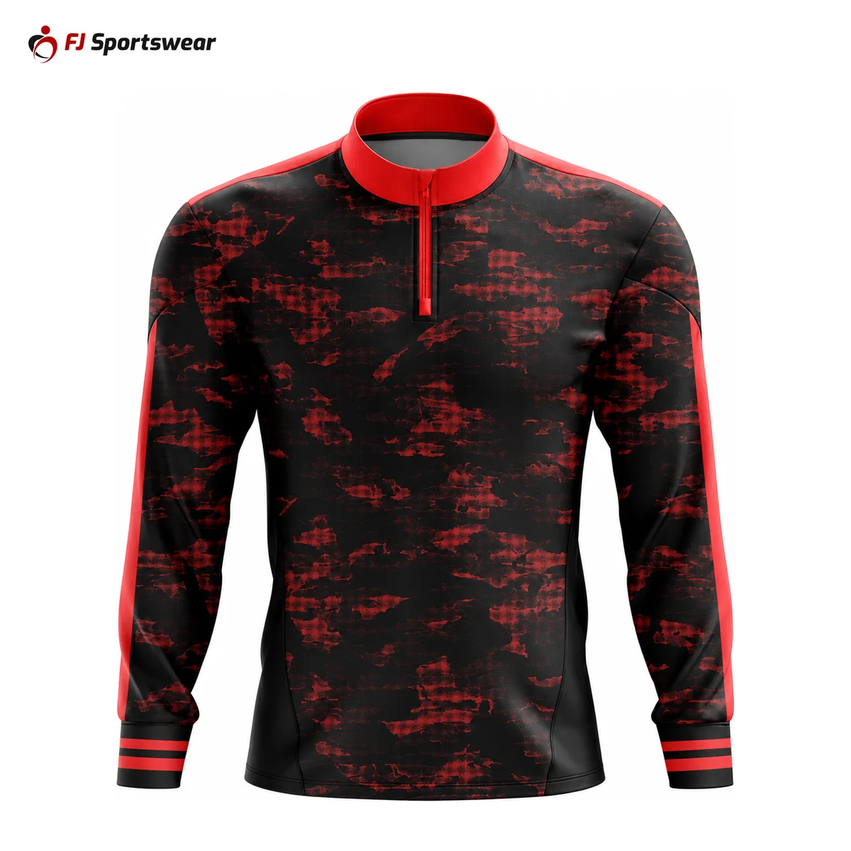 Red and black camo quarter-zip track top – custom made by FJ Sportswear in Sialkot