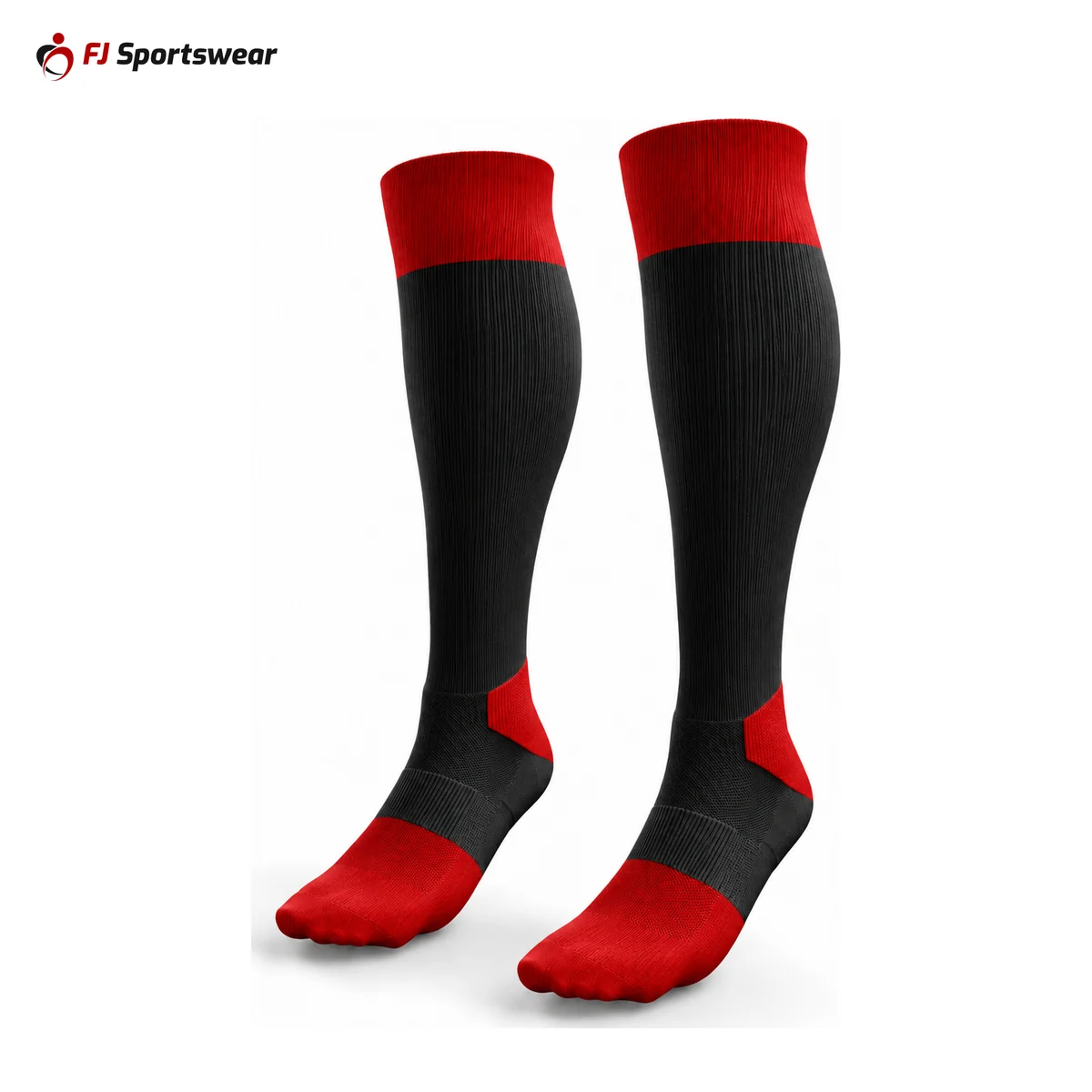 Red and black knitted euro socks – custom made by FJ Sportswear in Sialkot