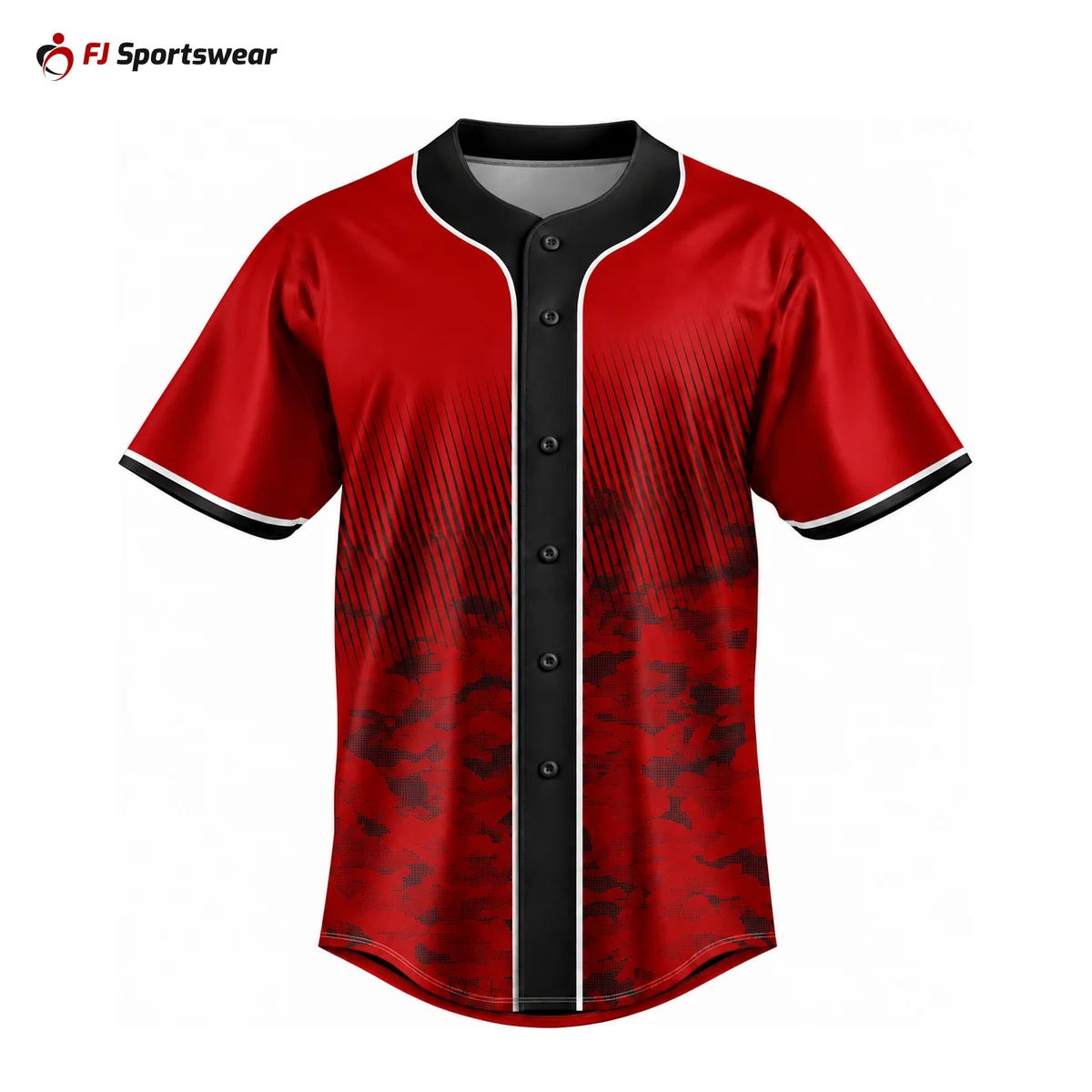 Red and black lightweight raglan sleeve button-down baseball jersey – custom made by FJ Sportswear in Sialkot