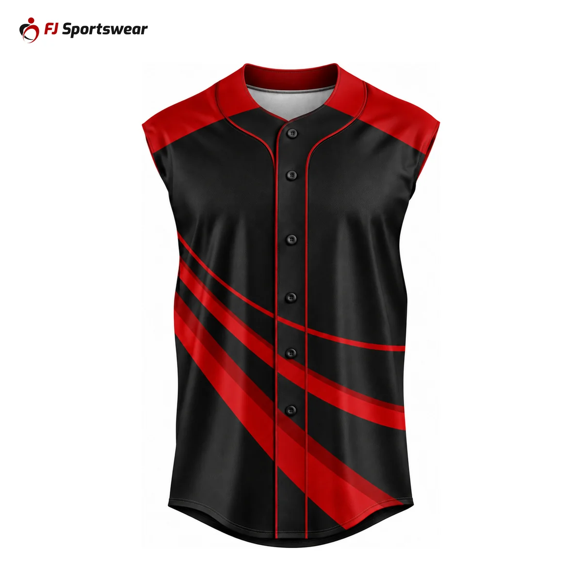 Red and black lightweight sleeveless button-down baseball jersey – custom made by FJ Sportswear in Sialkot