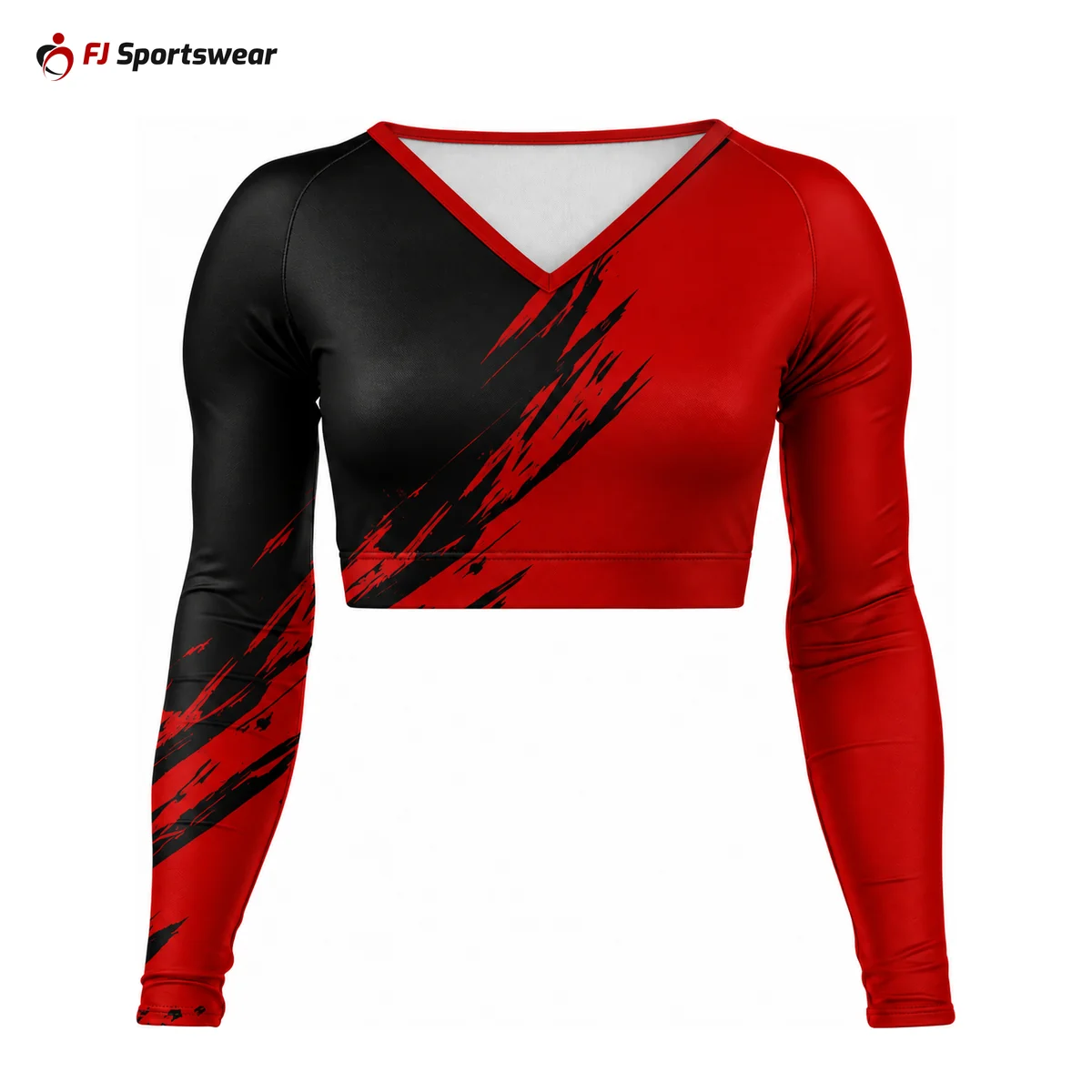 Red and black long sleeve V-neck cheer crop top – custom made by FJ Sportswear in Sialkot