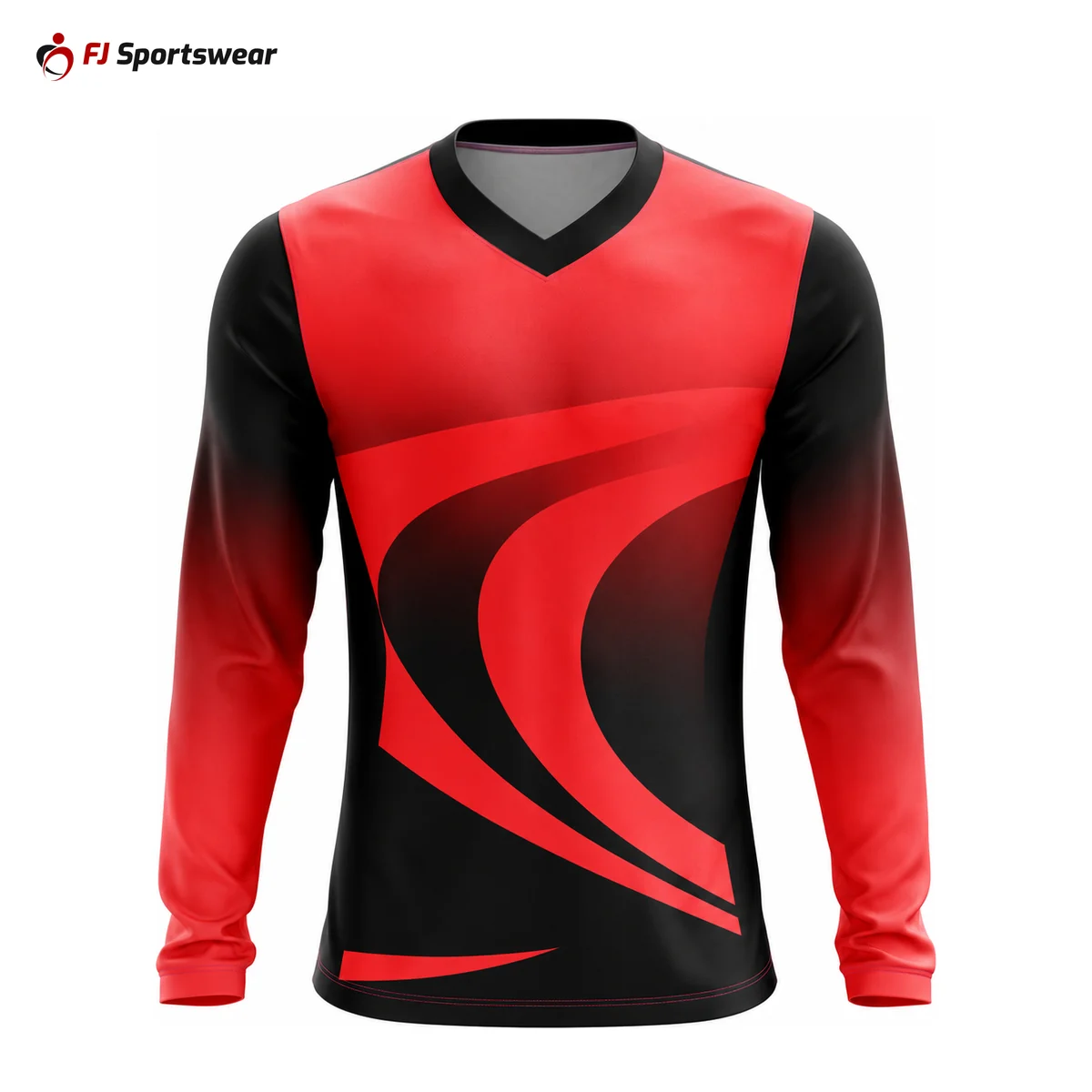 Custom Long Sleeve V-Neck Volleyball Jerseys Red and black long sleeve V-neck volleyball jersey – custom made by FJ Sportswear in Sialkot
