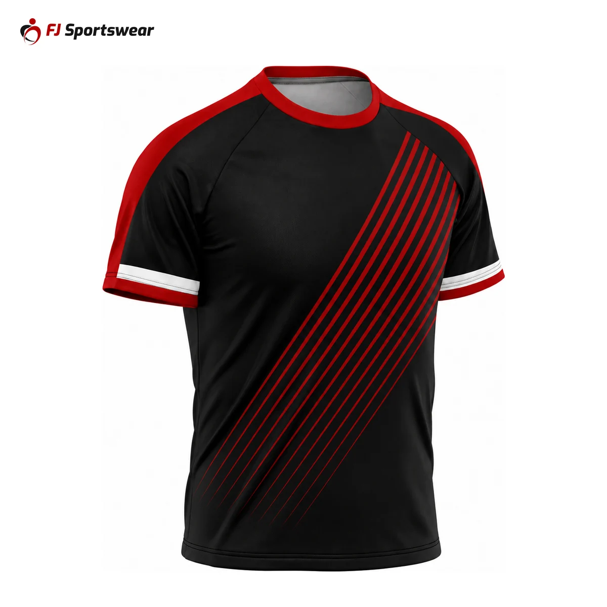 Red and black raglan sleeve crew neck soccer jersey – custom made by FJ Sportswear in Sialkot