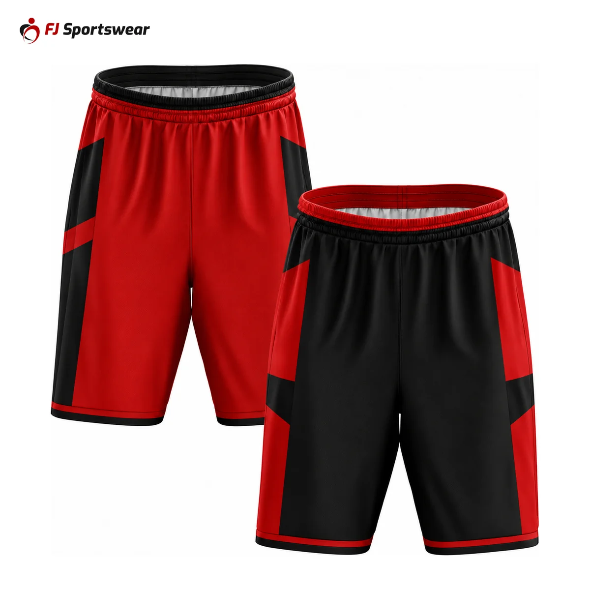 Red and black reversible basketball shorts – custom made by FJ Sportswear in Sialkot