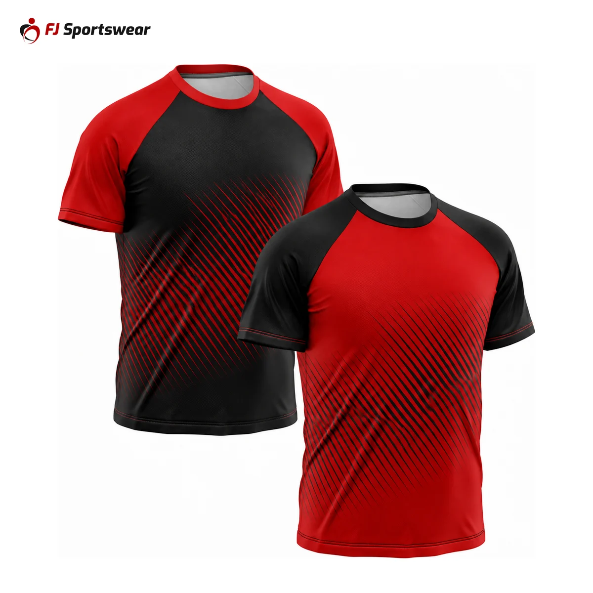 Red and black reversible raglan sleeve crew neck soccer jerseys – custom made by FJ Sportswear in Sialkot