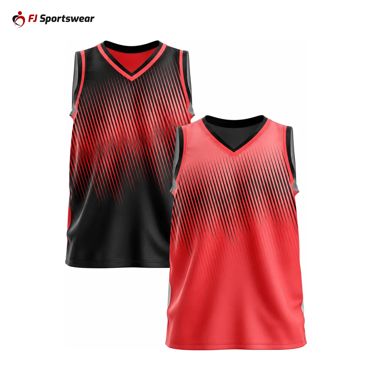 Red and black reversible V-neck basketball jerseys – custom made by FJ Sportswear in Sialkot