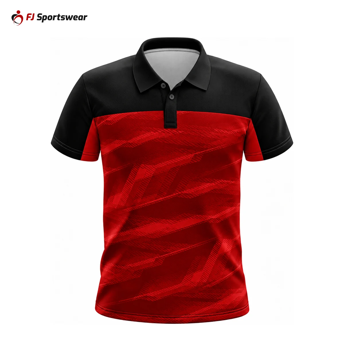 Red and black set-in sleeve polo shirt – custom made by FJ Sportswear in Sialkot
