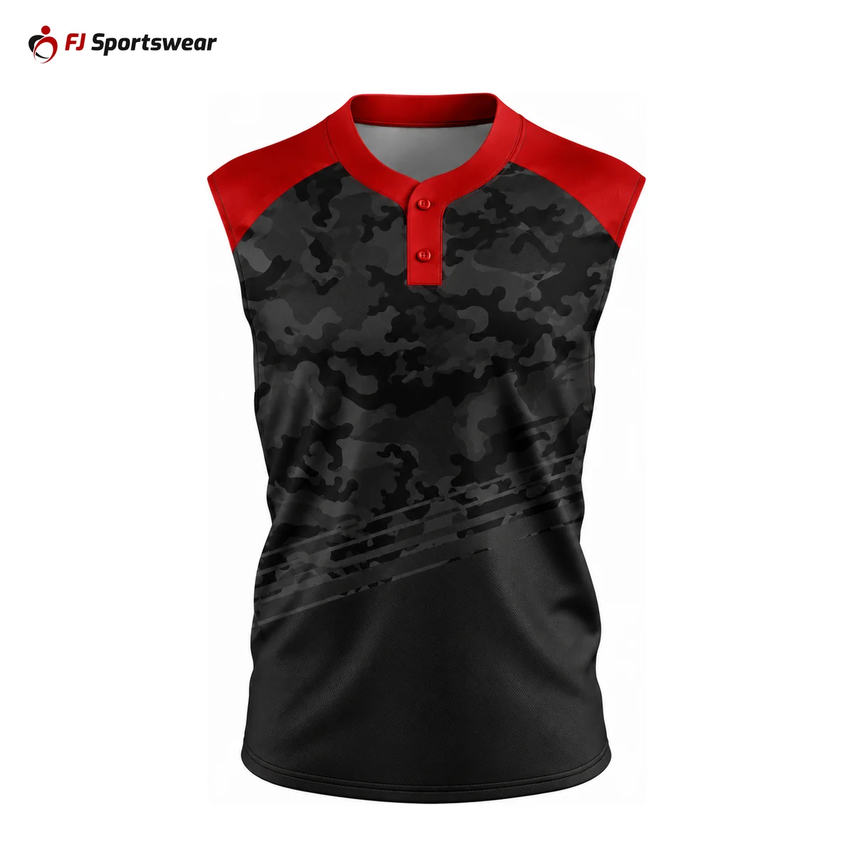 Red and black sleeveless 2-button baseball jersey – custom made by FJ Sportswear in Sialkot