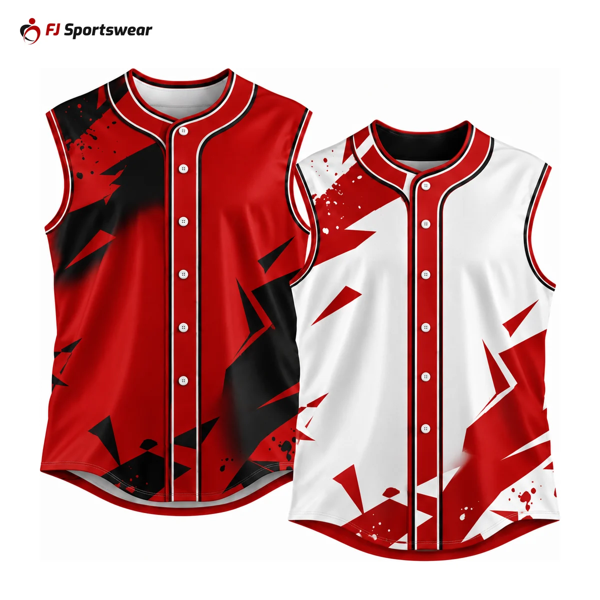 Red and white reversible sleeveless button-down baseball jerseys – custom made by FJ Sportswear in Sialkot