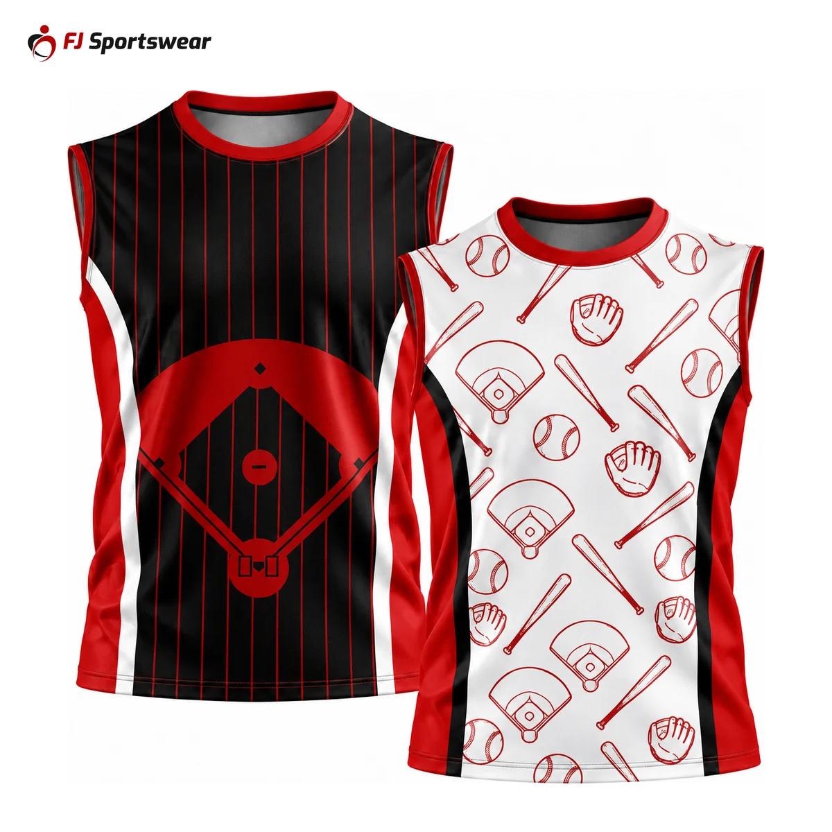 Red and white reversible sleeveless crew neck baseball jerseys – custom made by FJ Sportswear in Sialkot