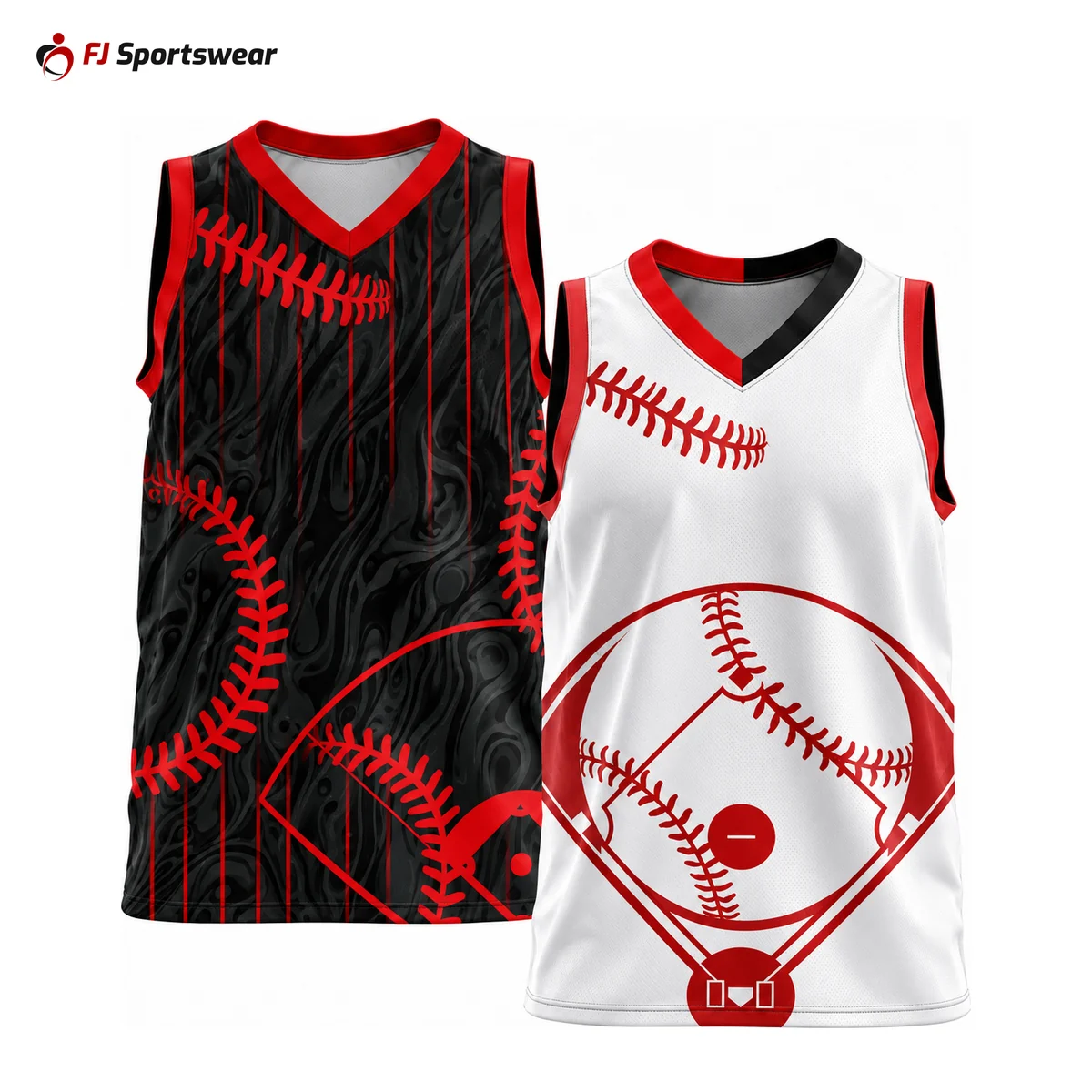 Red and white reversible sleeveless V-neck baseball jerseys – custom made by FJ Sportswear in Sialkot