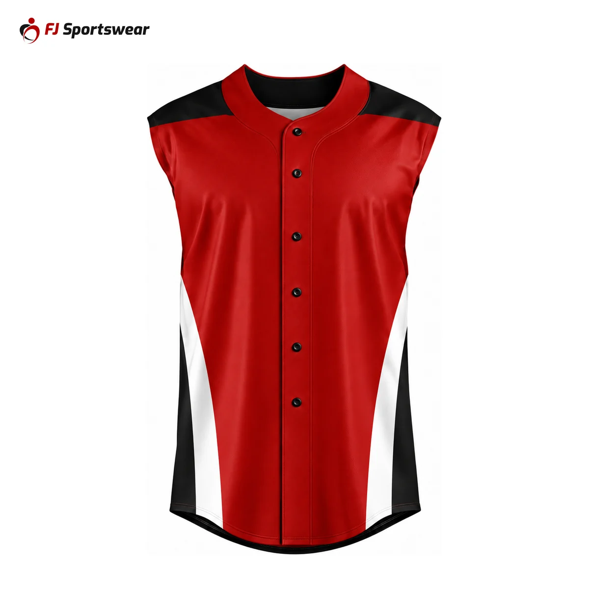 Red and white sleeveless button-down baseball jersey – custom made by FJ Sportswear in Sialkot