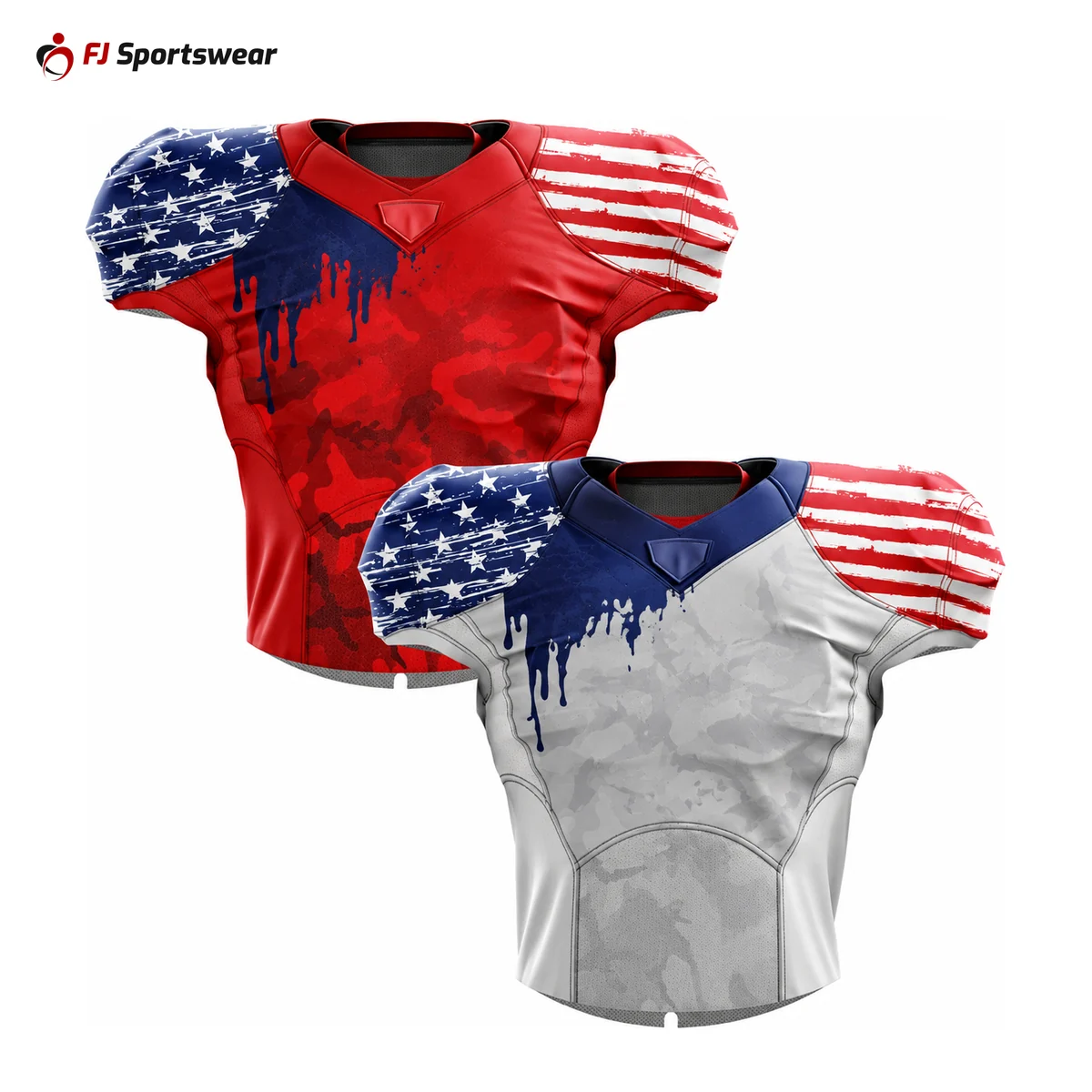 Red and white stars-and-stripes reversible football jerseys – custom made by FJ Sportswear in Sialkot
