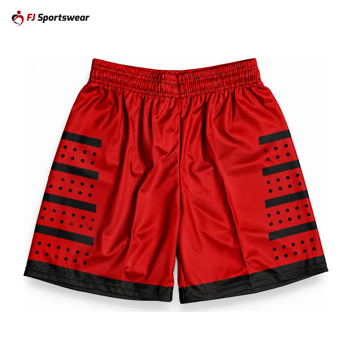 Red basketball shorts with black stripes – custom made by FJ Sportswear in Sialkot