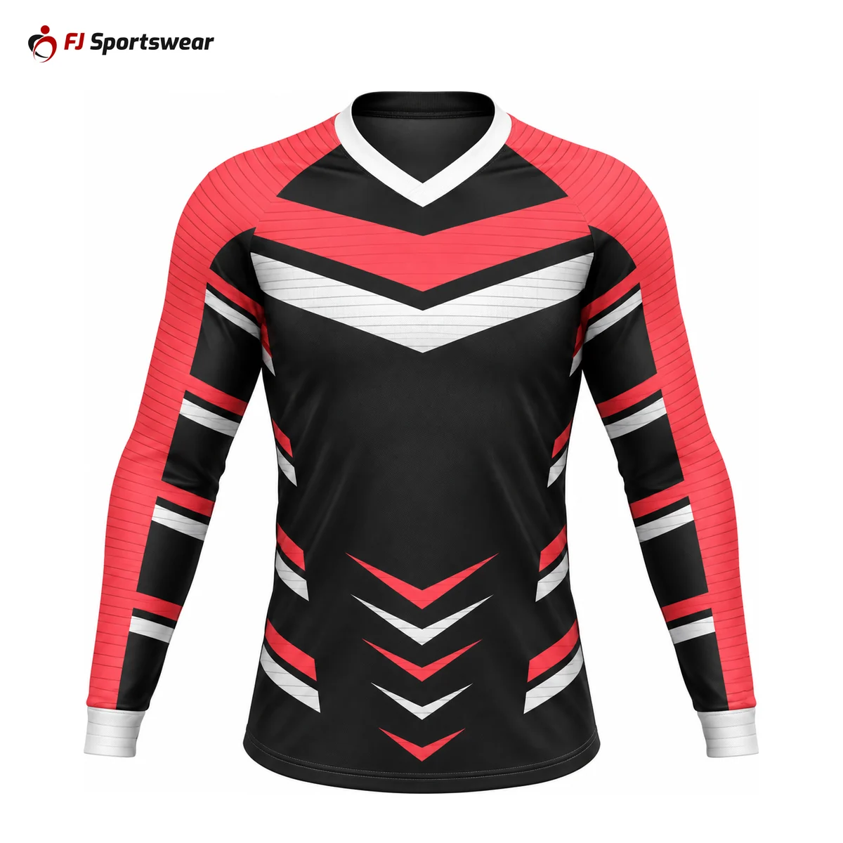 Red, black and white raglan sleeve goalkeeper jersey – custom made by FJ Sportswear in Sialkot