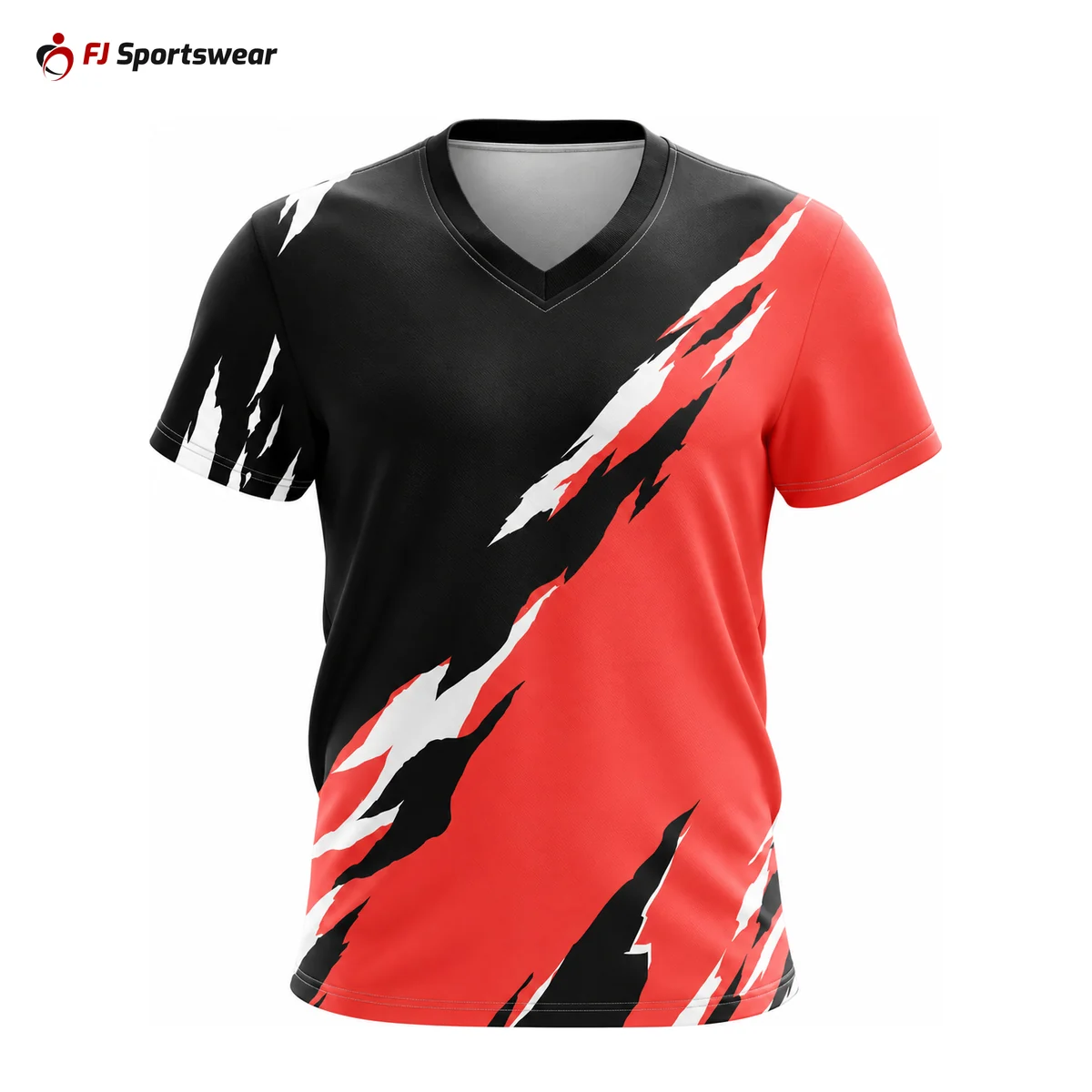 Red, black and white V-neck T-shirt – custom made by FJ Sportswear in Sialkot