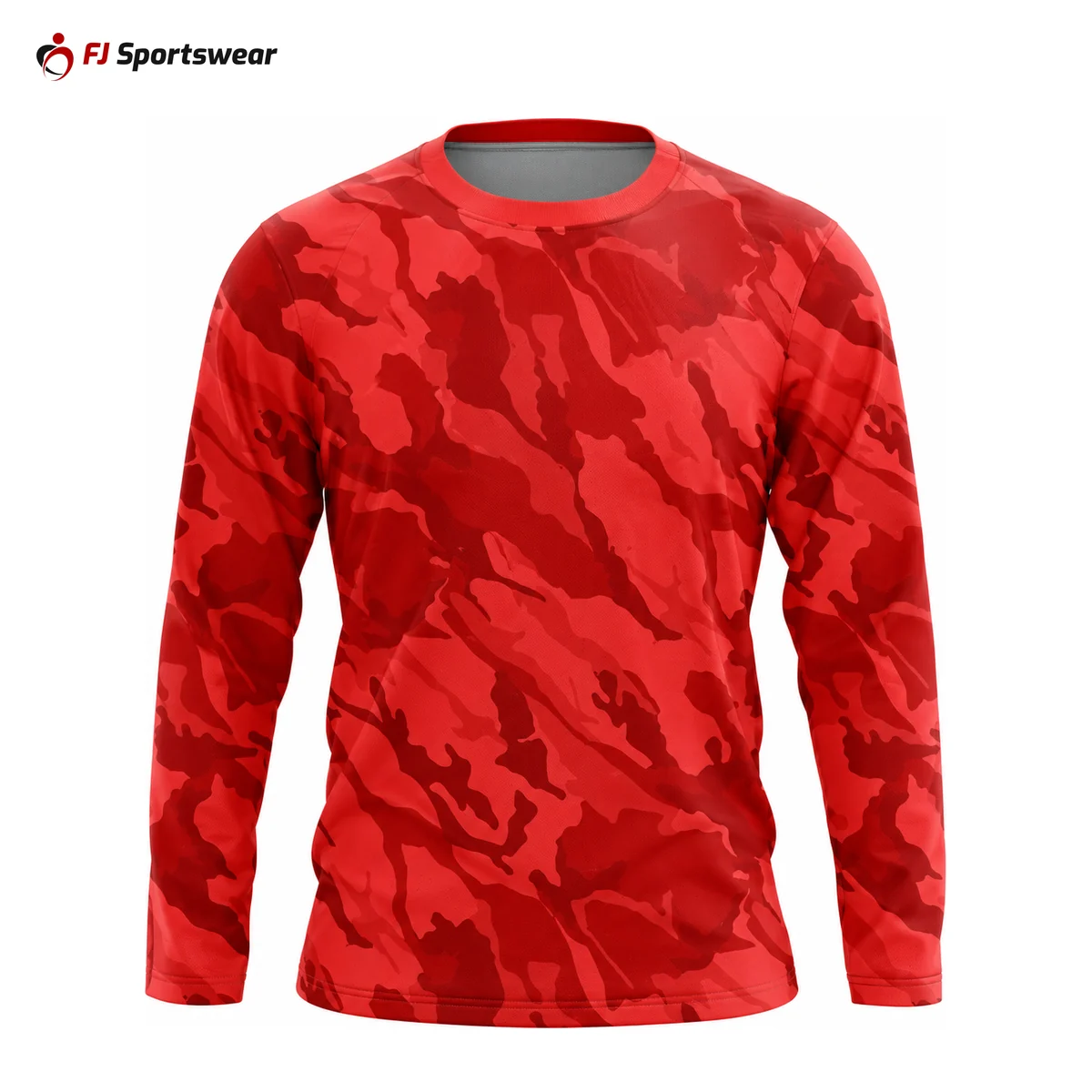 Red camo baseball long sleeve crew neck T-shirt – custom made by FJ Sportswear in Sialkot
