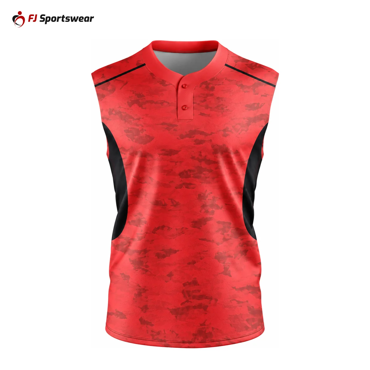 Red lightweight sleeveless 2-button baseball jersey – custom made by FJ Sportswear in Sialkot