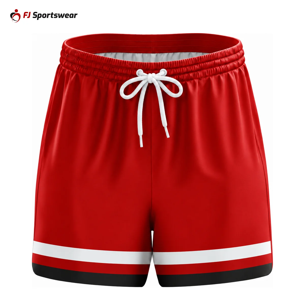 Red retro basketball shorts with white stripes – custom made by FJ Sportswear in Sialkot