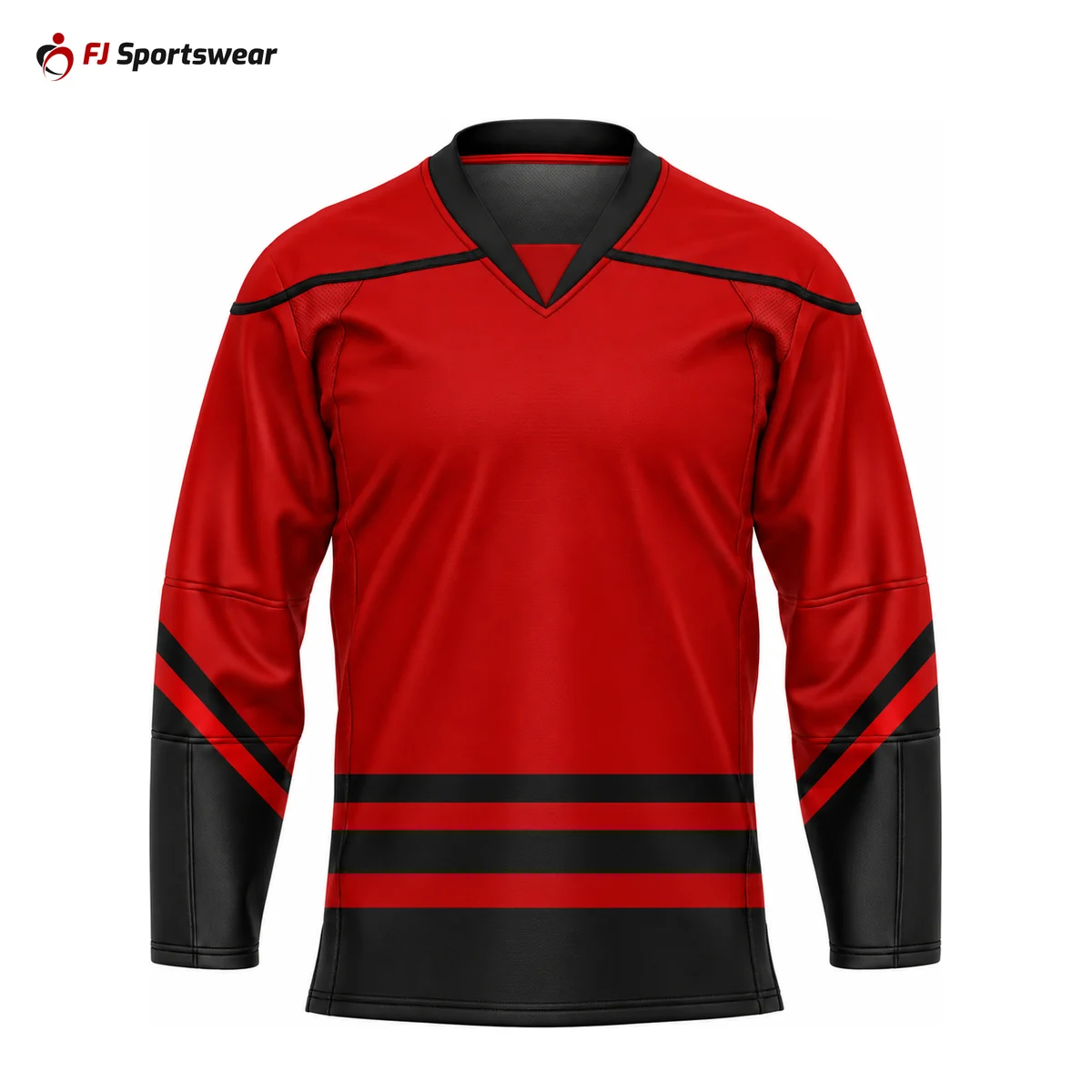 Custom V-Neck Hockey Jerseys Red V-neck hockey jersey with black stripes – custom made by FJ Sportswear in Sialkot
