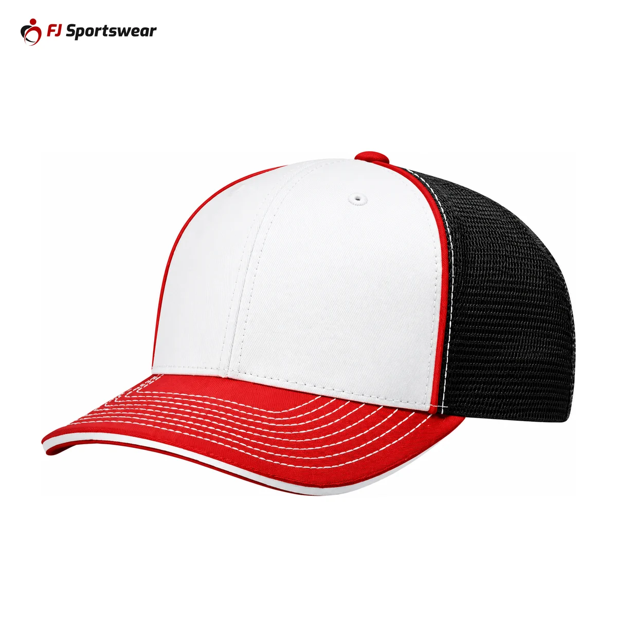 Red, white and black flex-fit sport mesh cap – custom made by FJ Sportswear in Sialkot